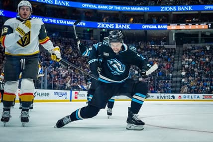 Utah Mammoth forward Dylan Guenther celebrates scoring against the Vegas Golden Knights 11/24/2025 (Photo/Screenshot- Utah Mammoth via Twitter)
