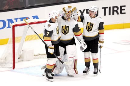 Vegas Golden Knights Laurent Brossoit, Zach Whitecloud, and Alex Pietrangelo (Photo- Vegas Golden Knights via Twitter)