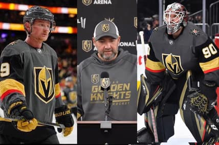 Peter DeBoer, Robin Lehner, Jack Eichel Vegas Golden Knights
