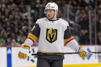 SAINT PAUL, MN - MARCH 30: Vegas Golden Knights center Ivan Barbashev (49) looks on during the third period of the NHL game between the Vegas Golden Knights and the Minnesota Wild on March 30th, 2024, at the Xcel Energy Center in Saint Paul, MN. (Photo by Bailey Hillesheim/Icon Sportswire)