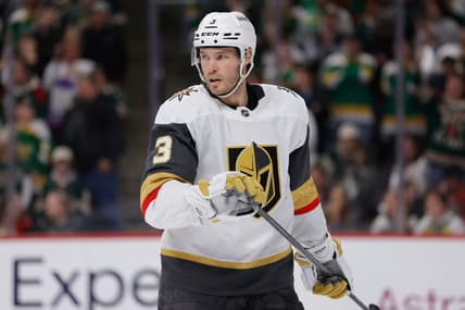 ST. PAUL, MN - APRIL 26: Vegas Golden Knights defenseman Brayden McNabb (3) looks on during the overtime period of Game Four of the First Round of the 2025 Stanley Cup Playoffs between the Vegas Golden Knights and Minnesota Wild on April 26th, 2025, at the Xcel Energy Center in St. Paul, MN. (Photo by Bailey Hillesheim/Icon Sportswire)