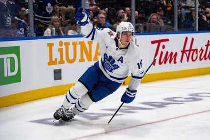 VANCOUVER, BC - JANUARY 20: Toronto Maple Leafs right wing Mitchell Marner (16) celebrates after his goal during an NHL game between the Toronto Maple Leafs and the Vancouver Canucks on January 20, 2024 at Rogers Arena in Vancouver, BC. (Photo by Ethan Cairns/Icon Sportswire)