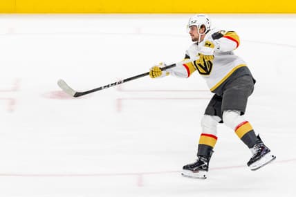 SAN JOSE, CA - JANUARY 07: Vegas Golden Knights right wing Alexander Holtz (26) warms up before a NHL game the San Jose Sharks on January 7, 2025 at SAP Center at San Jose in San Jose, CA. (Photo by Matthew Huang/Icon Sportswire)