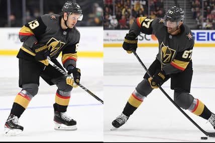 LAS VEGAS, NEVADA - JUNE 14: Max Pacioretty #67 of the Vegas Golden Knights shoots the puck during the first period against the Montreal Canadiens in Game One of the Stanley Cup Semifinals at T-Mobile Arena on June 14, 2021 in Las Vegas, Nevada. (Photo by David Becker/NHLI via Getty Images) LAS VEGAS, NEVADA - SEPTEMBER 26: Evgenii Dadonov #63 of the Vegas Golden Knights skates in during a practice shootout against the San Jose Sharks at T-Mobile Arena on September 26, 2021 in Las Vegas, Nevada. (Photo by Jeff Bottari/NHLI via Getty Images)