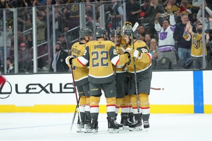 Vegas Golden Knights team goal celebration (Photo- Vegas Golden Knights via Twitter)