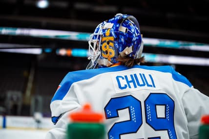 Toronto Sceptres goalie Elaine Chuli warms up for a game against the New York Sirens.