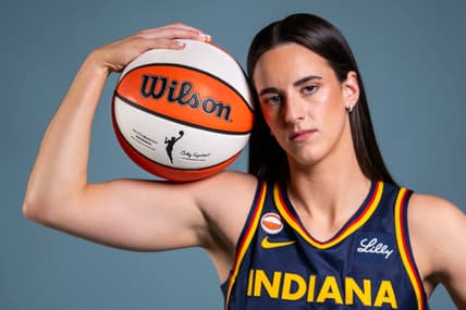 Indiana Fever guard Caitlin Clark (22) poses for a photo Wednesday, April 22, 2026, during media day at Gainbridge Fieldhouse in