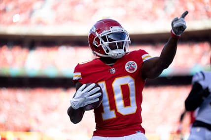 Kansas City Chiefs wide receiver Tyreek Hill (10) celebrates after a first down catch in the first quarter during the AFC