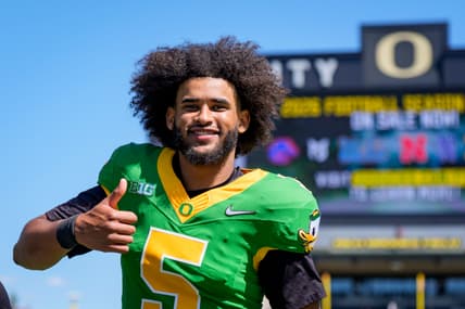 Oregon quarterback Dante Moore walks off the field during the Oregon Ducks annual spring game on April 25, 2026 at Autzen