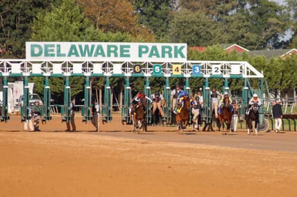The field of five leaves the starting gate for the Delaware Handicap horse race on Sept. 28, 2025, at Delaware Park.