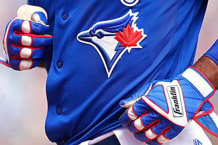 Mar 25, 2018; Dunedin, FL, USA; A view of the Blue Jays logo on an official Majestic game jersey during a game between the Pittsburgh Pirates and the Toronto Blue Jays at Florida Auto Exchange Stadium. Mandatory Credit: Aaron Doster-USA TODAY Sports
