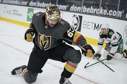 Mar 1, 2021; Las Vegas, Nevada, USA; Vegas Golden Knights left wing Max Pacioretty (67) celebrates after scoring against the Minnesota Wild during overtime at T-Mobile Arena. Mandatory Credit: John Locher-POOL PHOTOS-USA TODAY Sports