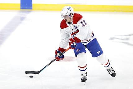 Mar 17, 2021; Winnipeg, Manitoba, CAN;  Montreal Canadiens right wing Brendan Gallagher (11) warms up before a game against the Winnipeg Jets at Bell MTS Place. Mandatory Credit: James Carey Lauder-USA TODAY Sports