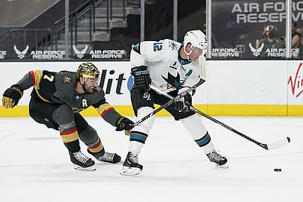 Apr 19, 2021; Las Vegas, Nevada, USA;  San Jose Sharks center Patrick Marleau (12) skates around Vegas Golden Knights defenseman Alex Pietrangelo (7) during the first period at T-Mobile Arena. Mandatory Credit:  John Locher/POOL PHOTOS-USA TODAY Sports