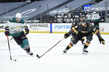 Apr 24, 2021; Anaheim, California, USA; Anaheim Ducks center Sam Steel (23) handles the puck while Vegas Golden Knights defenseman Nicolas Hague (14) defends during the first period at Honda Center. Mandatory Credit: Kelvin Kuo-USA TODAY Sports