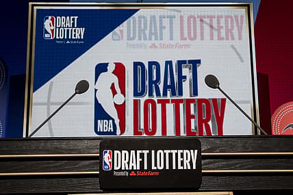 May 15, 2018; Chicago, IL, USA; The podium with logos is seen prior to the 2018 NBA Draft Lottery at the Palmer House Hilton. Mandatory Credit: Patrick Gorski-USA TODAY Sports