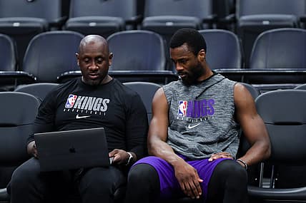 Jan 29, 2020; Sacramento, California, USA; Sacramento Kings forward Harrison Barnes (40) sits with assistant coach Bobby Jackson before the game against the Oklahoma City Thunder at Golden 1 Center. Mandatory Credit: Sergio Estrada-USA TODAY Sports