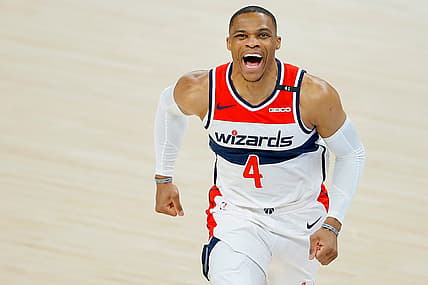 Washington's Russell Westbrook (4) shouts before an April 23 game against the Thunder.Lx12074