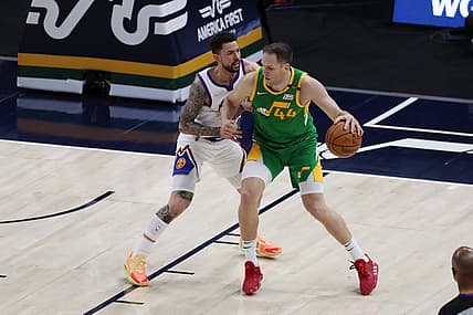 May 7, 2021; Salt Lake City, Utah, USA; Denver Nuggets guard Austin Rivers (25) defends Utah Jazz forward Bojan Bogdanovic (44) in the second quarter at Vivint Arena. Mandatory Credit: Rob Gray-USA TODAY Sports