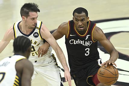 May 10, 2021; Cleveland, Ohio, USA; Cleveland Cavaliers guard Jeremiah Martin (3) drives against Indiana Pacers guard T.J. McConnell (9) in the second quarter at Rocket Mortgage FieldHouse. Mandatory Credit: David Richard-USA TODAY Sports