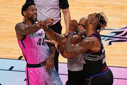 May 13, 2021; Miami, Florida, USA; Miami Heat forward Udonis Haslem (40) and Philadelphia 76ers center Dwight Howard (39) get into an altercation during the first half at American Airlines Arena. Mandatory Credit: Jasen Vinlove-USA TODAY Sports