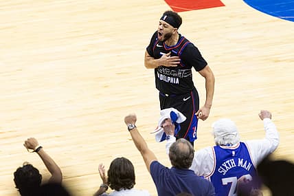 May 23, 2021; Philadelphia, Pennsylvania, USA; Philadelphia 76ers guard Seth Curry (31) reacts in front of fans after his three point score against the Washington Wizards during the third quarter of game one in the first round of the 2021 NBA Playoffs at Wells Fargo Center. Mandatory Credit: Bill Streicher-USA TODAY Sports