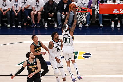 May 23, 2021; Salt Lake City, Utah, USA;  Utah Jazz guard Jordan Clarkson (00) dunks the basket ball against the Memphis Grizzlies during the third quarter at Vivint Arena. Memphis Grizzlies won 112-109. Mandatory Credit: Chris Nicoll-USA TODAY Sports