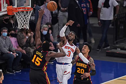 May 23, 2021; New York, New York, USA; New York Knicks' Nerlens Noel (3) blocks a shot against the Atlanta Hawks during the second half in game one in the first round of the 2021 NBA Playoffs at Madison Square Garden. Mandatory Credit: Seth Wenig/Pool Photo-USA TODAY Sports