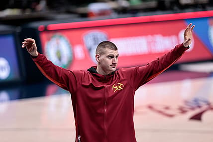 May 24, 2021; Denver, Colorado, USA; Denver Nuggets center Nikola Jokic (15) waves to fans after the game against the Portland Trail Blazers during game two in the first round of the 2021 NBA Playoffs at Ball Arena. Mandatory Credit: Isaiah J. Downing-USA TODAY Sports