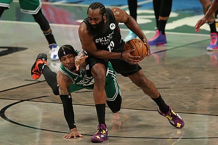 May 25, 2021; Brooklyn, New York, USA; Brooklyn Nets shooting guard James Harden (13) is fouled by Boston Celtics point guard Marcus Smart (36) during the second quarter of game two of the first round of the 2021 NBA Playoffs at Barclays Center. Mandatory Credit: Brad Penner-USA TODAY Sports
