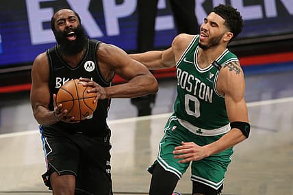 May 25, 2021; Brooklyn, New York, USA; Brooklyn Nets shooting guard James Harden (13) drives to the basket against Boston Celtics small forward Jayson Tatum (0) during the third quarter of game two of the first round of the 2021 NBA Playoffs at Barclays Center. Mandatory Credit: Brad Penner-USA TODAY Sports