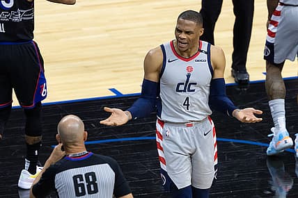 May 26, 2021; Philadelphia, Pennsylvania, USA; Washington Wizards guard Russell Westbrook (4) argues a call with referee Jacyn Goble (68) during the fourth quarter of game two against the Philadelphia 76ers in the first round of the 2021 NBA Playoffs at Wells Fargo Center. Mandatory Credit: Bill Streicher-USA TODAY Sports