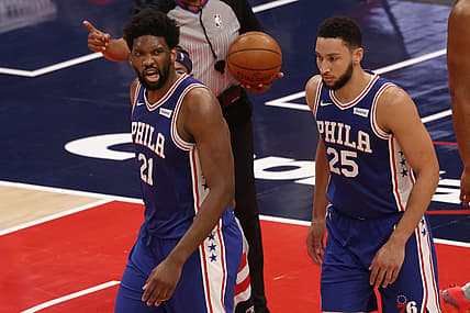 May 29, 2021; Washington, District of Columbia, USA; Philadelphia 76ers center Joel Embiid (21) reacts after scoring while being fouled against the Washington Wizards in the second quarter during game three in the first round of the 2021 NBA Playoffs at Capital One Arena. Mandatory Credit: Geoff Burke-USA TODAY Sports