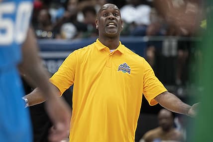 Aug 17, 2019; Dallas, TX, USA; 3 Headed Monsters head coach Gary Payton during the game at the American Airlines Center. Mandatory Credit: Jerome Miron-USA TODAY Sports
