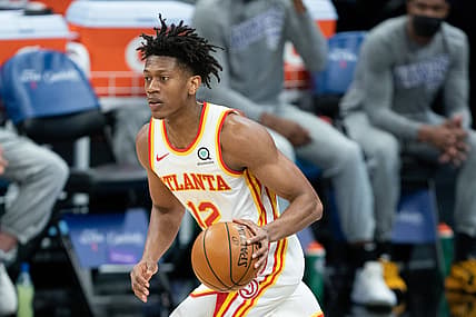 March 24, 2021; Sacramento, California, USA; Atlanta Hawks forward De'Andre Hunter (12) during the first quarter against the Sacramento Kings at Golden 1 Center. Mandatory Credit: Kyle Terada-USA TODAY Sports