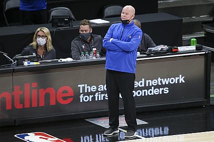 May 13, 2021; Atlanta, Georgia, USA; Orlando Magic head coach Steve Clifford looks on from the sideline against the Atlanta Hawks during the fourth quarter at State Farm Arena. Mandatory Credit: Brett Davis-USA TODAY Sports