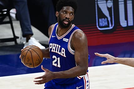 May 31, 2021; Washington, District of Columbia, USA; Philadelphia 76ers center Joel Embiid (21) looks to pass during the first quarter against the Washington Wizards during game four in the first round of the 2021 NBA Playoffs. at Capital One Arena. Mandatory Credit: Tommy Gilligan-USA TODAY Sports