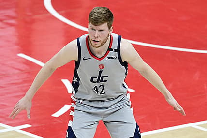 May 31, 2021; Washington, District of Columbia, USA; Washington Wizards forward Davis Bertans (42) during game four in the first round of the 2021 NBA Playoffs against the Philadelphia 76ers at Capital One Arena. Mandatory Credit: Tommy Gilligan-USA TODAY Sports