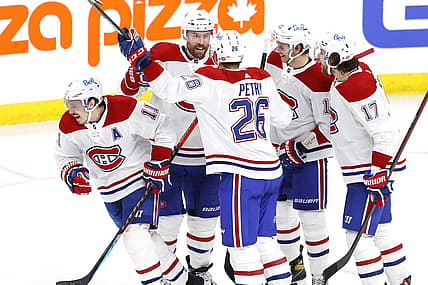 Jun 2, 2021; Winnipeg, Manitoba, CAN; Montreal Canadiens right wing Brendan Gallagher (11) celebrates his first period goal with teammates against the Winnipeg Jets in game one of the second round of the 2021 Stanley Cup Playoffs at Bell MTS Place. Mandatory Credit: James Carey Lauder-USA TODAY Sports