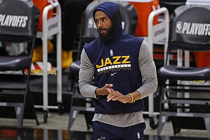 Jun 8, 2021; Salt Lake City, Utah, USA; Utah Jazz guard Mike Conley (10) warms up prior to game one in the second round of the 2021 NBA Playoffs. at Vivint Arena. Mandatory Credit: Jeffrey Swinger-USA TODAY Sports
