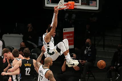 Jun 15, 2021; Brooklyn, New York, USA; Milwaukee Bucks power forward Giannis Antetokounmpo (34) dunks against the Brooklyn Nets during the third quarter of game five of the second round of the 2021 NBA Playoffs at Barclays Center. Mandatory Credit: Brad Penner-USA TODAY Sports