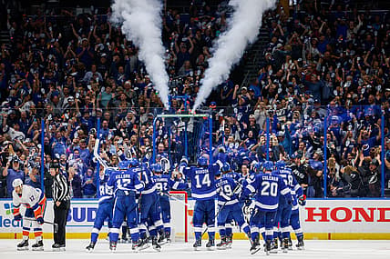 Jun 25, 2021; Tampa, Florida, USA; Tampa Bay Lightning celebrate after beating the New York Islanders 1-0 in game seven of the Stanley Cup Semifinals at Amalie Arena. Mandatory Credit: Nathan Ray Seebeck-USA TODAY Sports