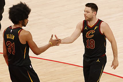 Apr 25, 2021; Washington, District of Columbia, USA; Cleveland Cavaliers center Jarrett Allen (31) celebrates with Cavaliers guard Matthew Dellavedova (18) after scoring while being fouled against the Washington Wizards in the fourth quarter at Capital One Arena. Mandatory Credit: Geoff Burke-USA TODAY Sports