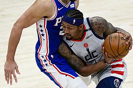 May 31, 2021; Washington, District of Columbia, USA; Washington Wizards guard Bradley Beal (3) makes a move to the basket as Philadelphia 76ers guard Ben Simmons (25) defends in the first half during game four in the first round of the 2021 NBA Playoffs. at Capital One Arena. Mandatory Credit: Tommy Gilligan-USA TODAY Sports