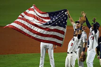 USA players celebrate after defeating Venezuela in the Super Round of the WBSC Baseball Americas Qualifier series game at Clover Park and qualifying for the Olympic Games in Tokyo Japan. Mandatory Credit: Jasen Vinlove-USA TODAY Sports