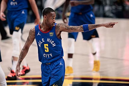 Jun 11, 2021; Denver, Colorado, USA; Denver Nuggets forward Will Barton (5) gestures after a play in the first quarter against the Phoenix Suns during game three in the second round of the 2021 NBA Playoffs at Ball Arena. Mandatory Credit: Isaiah J. Downing-USA TODAY Sports