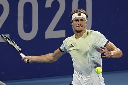 Jul 29, 2021; Tokyo, Japan; Alexander Zverev of Germany hits a forehand against Jeremy Chardy of France (not pictured) in a men's singles quarterfinal during the Tokyo 2020 Olympic Summer Games at Ariake Tennis Park. Mandatory Credit: Geoff Burke-USA TODAY Sports