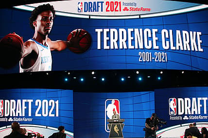 Jul 29, 2021; Brooklyn, New York, USA; NBA commissioner Adam Silver honors deceased Kentucky player Terrence Clarke during the first round of the 2021 NBA Draft at Barclays Center. Mandatory Credit: Brad Penner-USA TODAY Sports