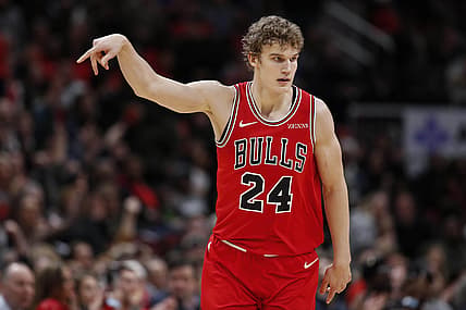 Dec 30, 2019; Chicago, Illinois, USA; Chicago Bulls forward Lauri Markkanen (24) reacts after scoring against the Milwaukee Bucks during the first half at United Center. Mandatory Credit: Kamil Krzaczynski-USA TODAY Sports