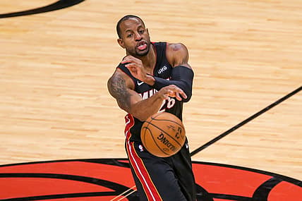 Feb 5, 2021; Miami, Florida, USA; Miami Heat forward Andre Iguodala (28) passes the ball against the Washington Wizards during the third quarter of the game at American Airlines Arena. Mandatory Credit: Sam Navarro-USA TODAY Sports